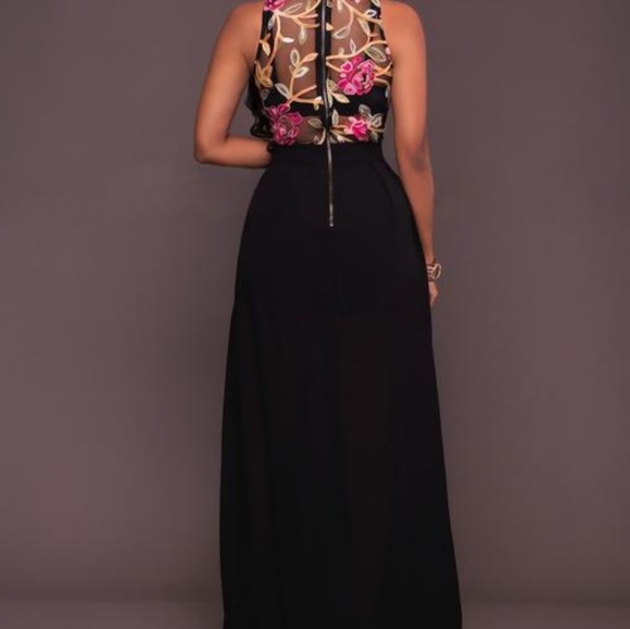 Black Sheer Mesh Chiffon Romper Maxi Dress - Picture 2 of 7